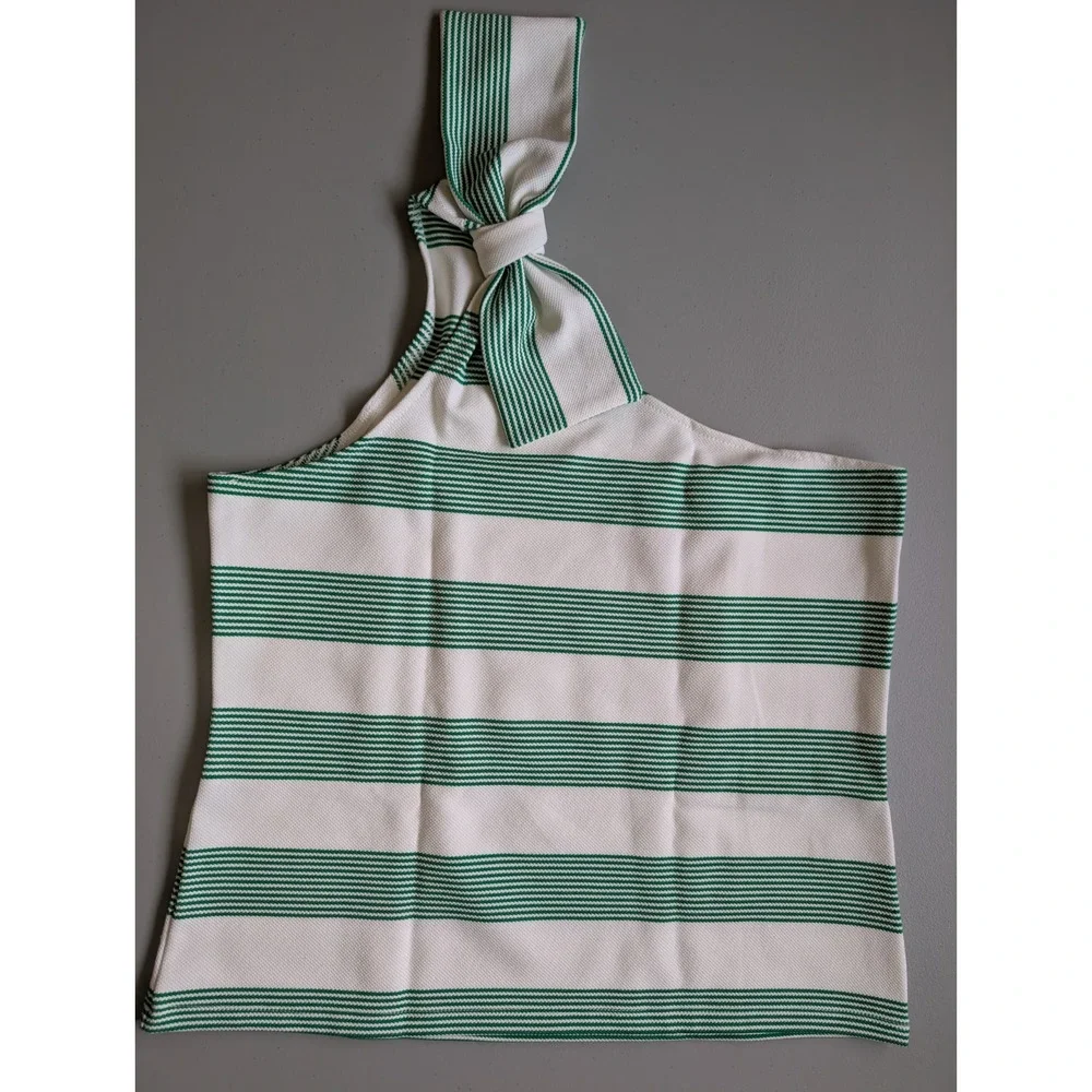 NWT Anthropologie Bishop + Young One-Shoulder Tie Tank Sz XL Green Striped C3412 - Picture 2 of 7